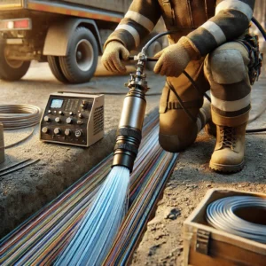 Schematische Darstellung für das Einblasen von Kabeln in einen Schacht 