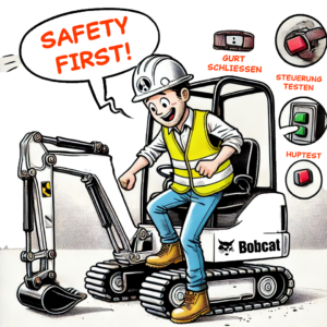 Ein Bauarbeiter am Minibagger der ruft: Safety first (Comicstil)