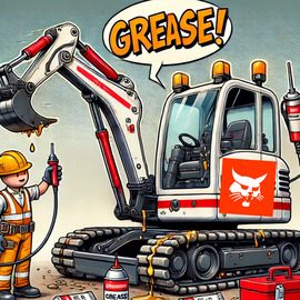 Fahrer eines Minibaggers der "Grease" ruft und mit Schmiermitteln arbeitet. Illustration im Comicstil.