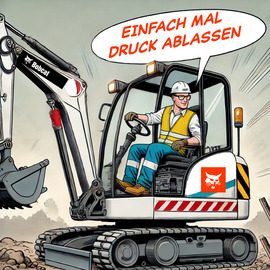 Ein Minibagger-Fahrer, der aus seiner Baumaschine ruft: Einfach mal Druck ablassen. Minibagger im Comicstil gezeichnet.