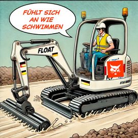 Minibagger, der durch den Untergrund "schwimmt". Comicartige Illustration der Schwimmfunktion an Minibaggern.