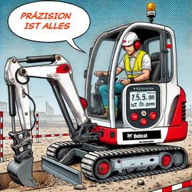 Ein Fahrer in einem Minibagger, der ruft "Präzision ist alles". Comicartige Darstellung.
