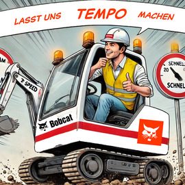 Ein agiler Minibagger-Fahrer, der aus dem Führerhaus scheint und ruft - Lasst uns Tempo machen. Illustration im Comicstil.