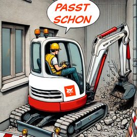 Illustration eines Minibagger-Einsatzes in einem engem Raum. Fahrer ruft "Passt schon". Darstellung im Comicstil.