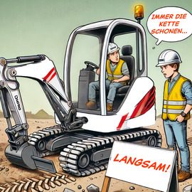 Zwei Bauarbeiter am Minibagger, die schonend fahren üben. Darstellung im Comicstil.