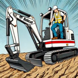 Bauarbeiter mit Minibagger am Hang. Comicstil.