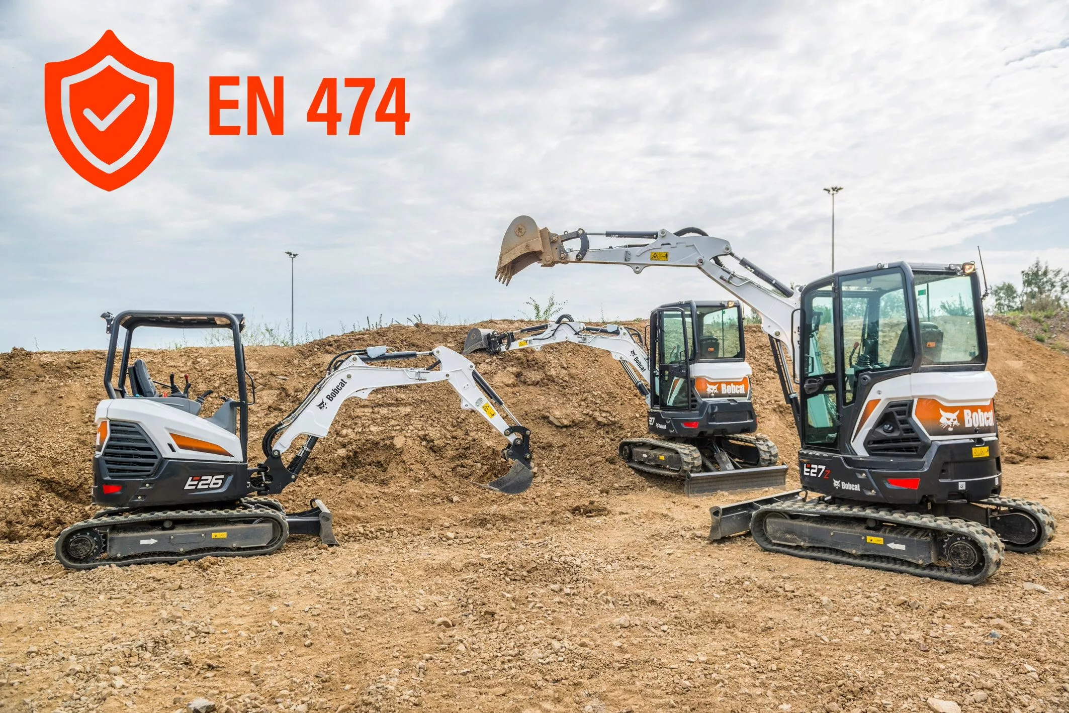 Minibagger E26 und E27 von Bobcat, mit Sicherheits-Symbol.