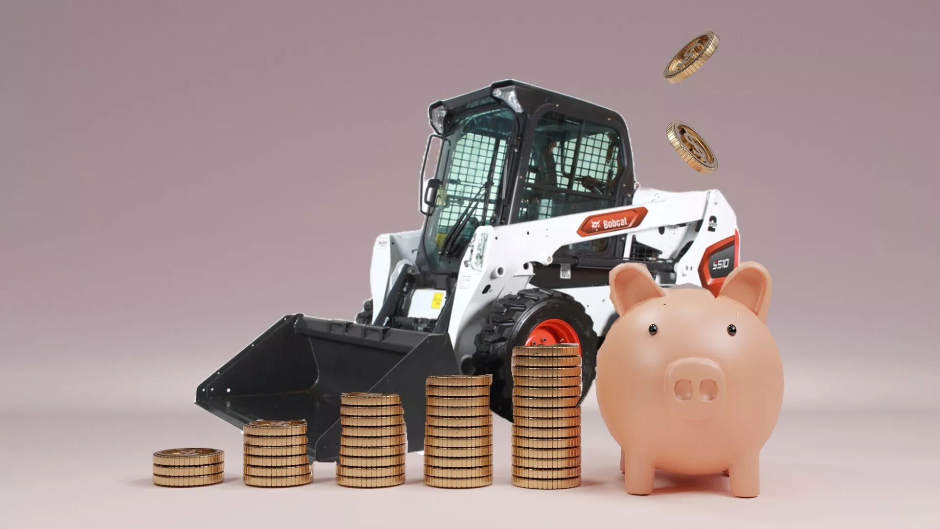 Ein Sparschwein mit Münzstapeln und ein Bobcat Kompaktlader im Hintergrund - Symbolbild für Finanzierung von Baumaschinen und Mietkauf