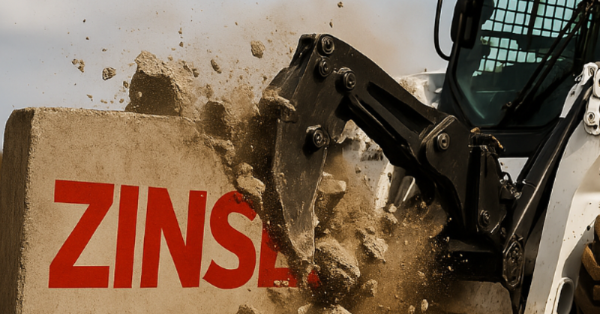 Ein Bobcat-Lader mit Abbrucharm zerstört eine Mauer mit Aufschrift "ZINSEN". Symbolbild für die 0%-Finanzierung 