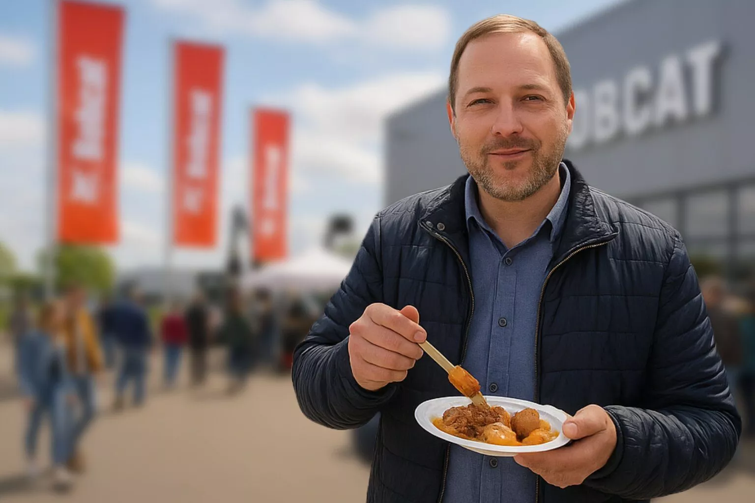 Ein Besucher des Bobcat-Frühlingsfests in der Bobcat Niederlassung mit einem Teller Currywurst in der Hand.