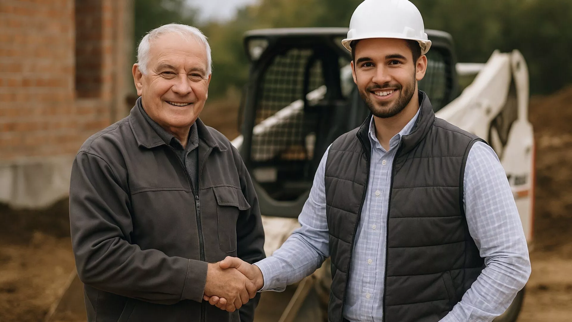 Zwei Bauunternehmer (jung und alt) bei der Übergabe des Unternehmens an die nächste Generation