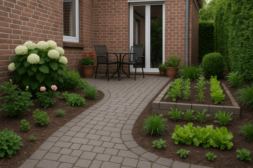 Zugang zu einem engen Garten, mit Gehweg und Pflanzungen - Vorgarten 