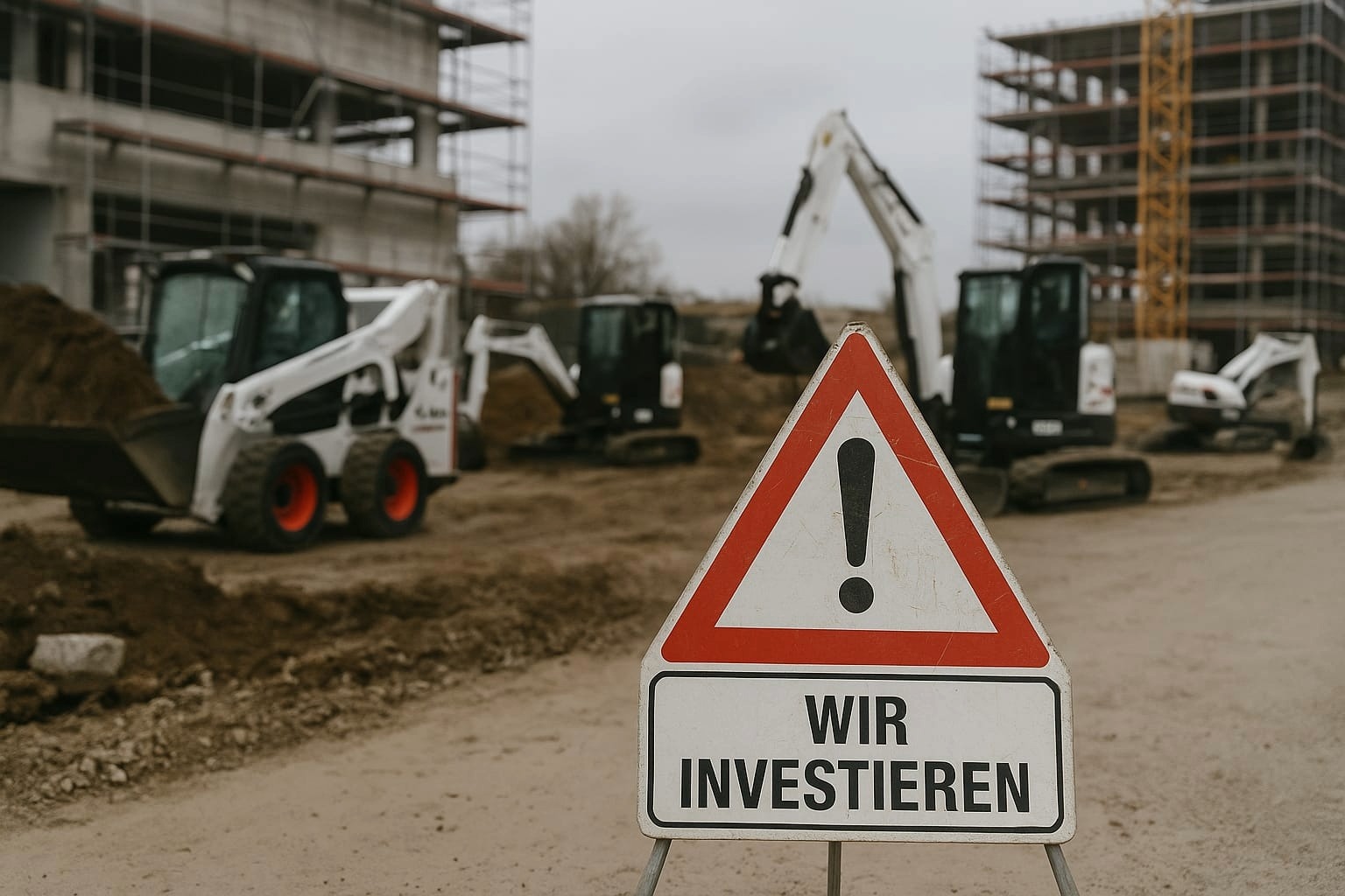 Eine Baustelle mit Bobcat-Maschinen. Im Vordergrund ein Schild mit der Aufschrift "Wir investieren"