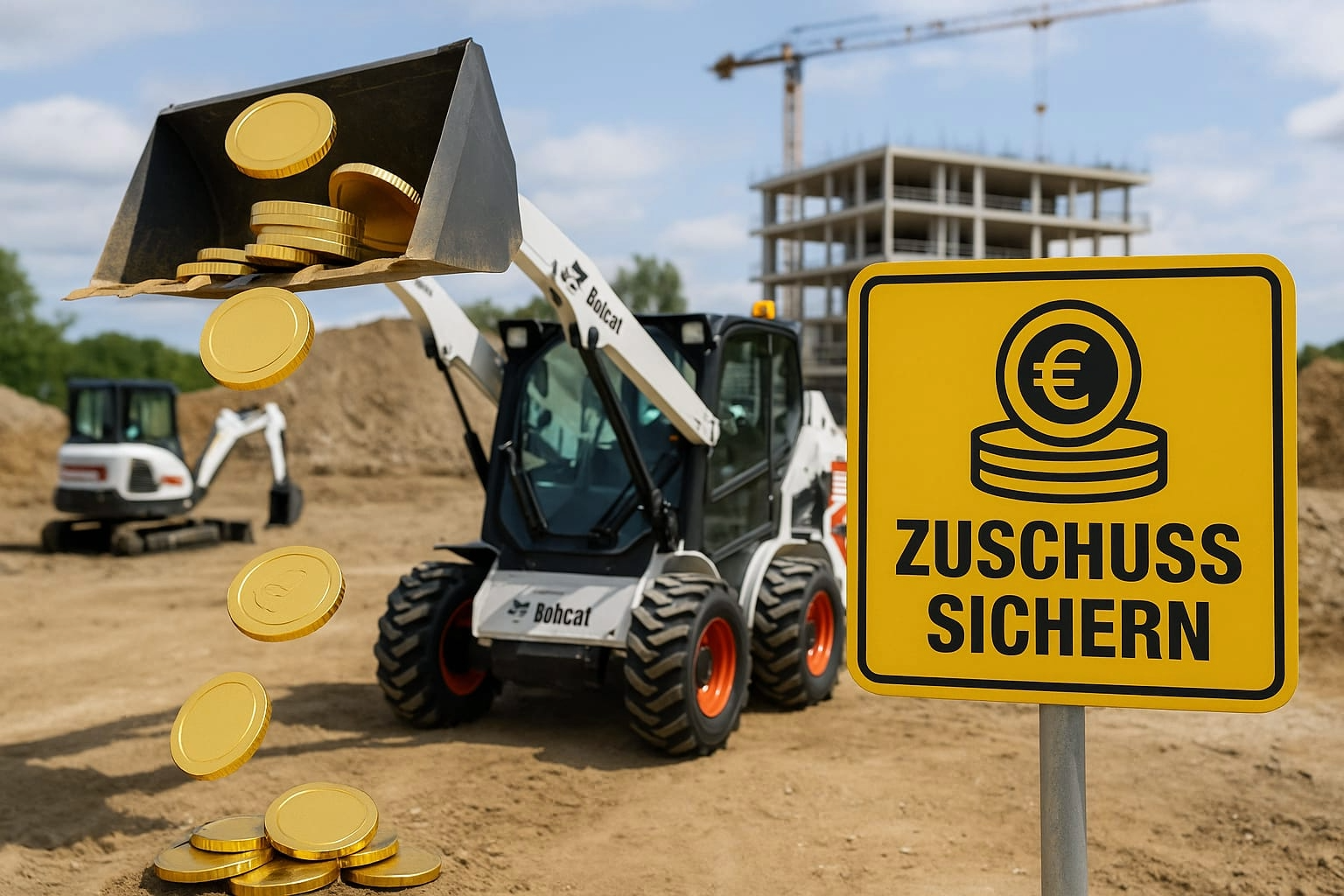 Ein Bobcat-Lader, der Münzen in seiner Ladeschaufel trägt. Dazu ein Schild: Zuschuss sichern.