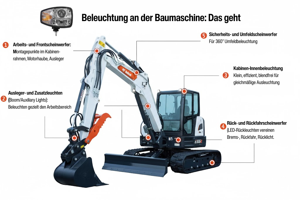 Infografik - Beleuchtung an Baumaschine