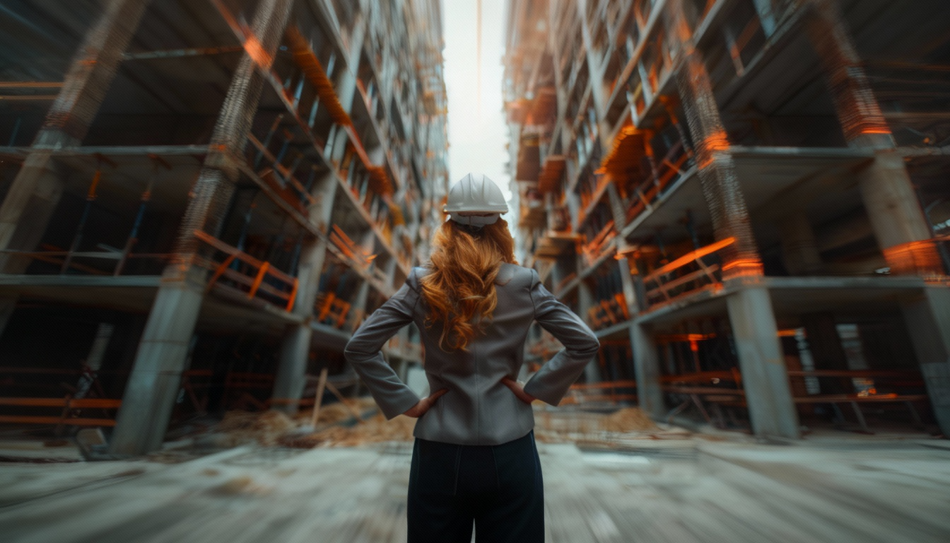 Bauingenieurin vor Baustelle mit Motion-Effekt.