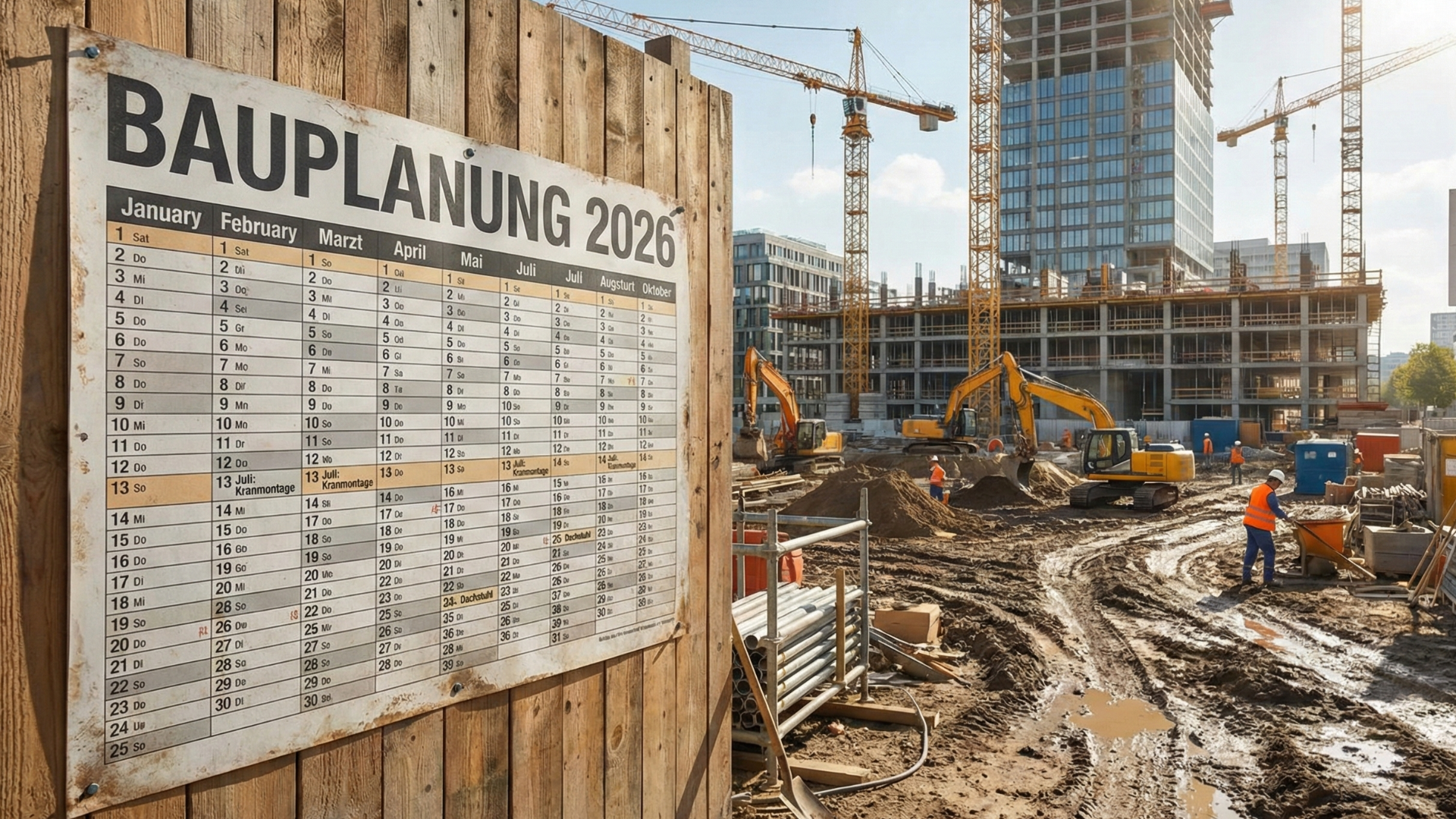 Baustelle mit Kalender "Bauplanung 2026"