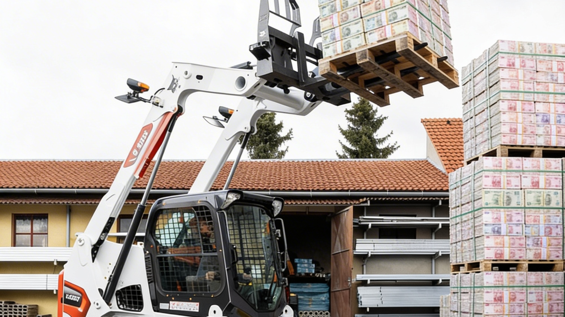 Ein Bobcat-Kompaktlader beim Verladen von Geldbündeln - Symbol für Wertanlage