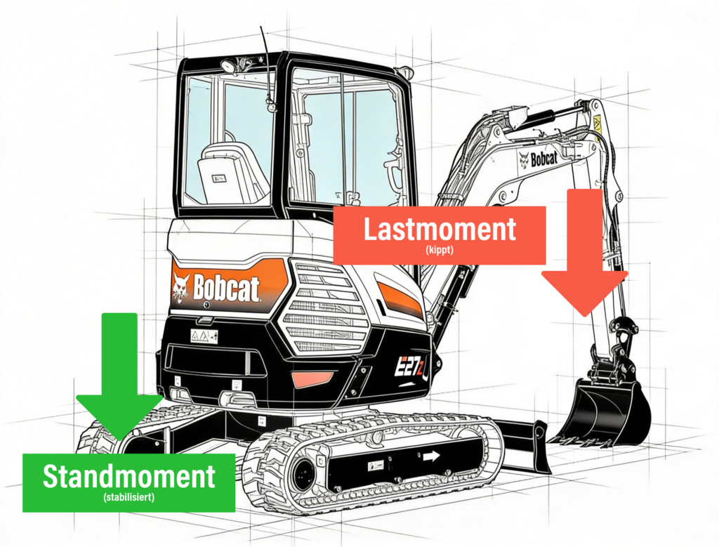 Infografik Lastmoment - Standmoment an einem Minibagger